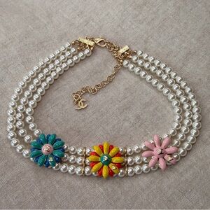 Chanel Multicolor Flower Pearl Triple-Strand Choker